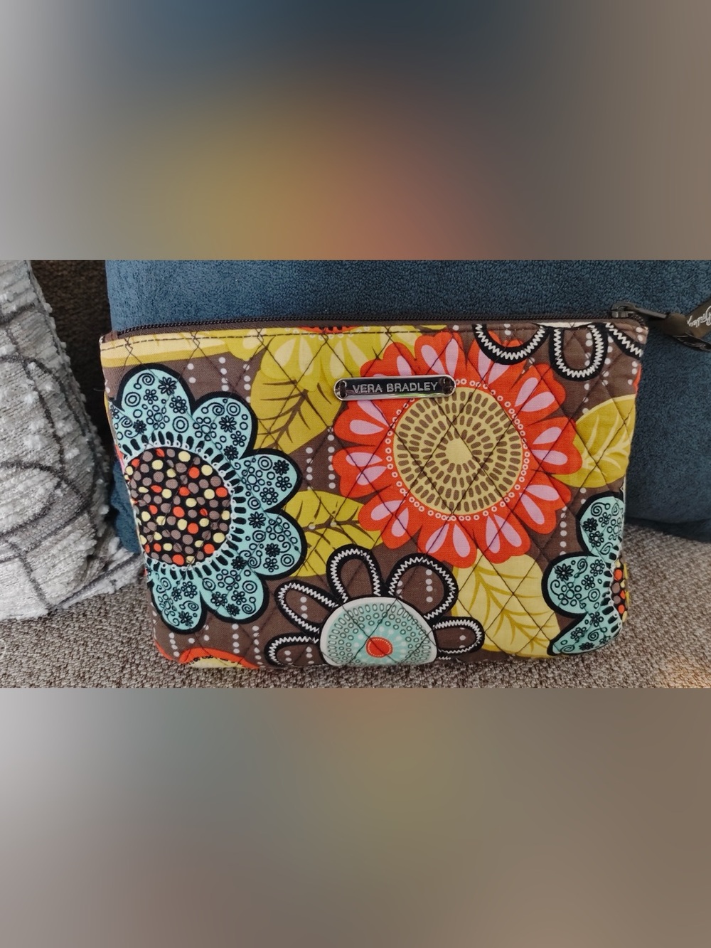 Vera Bradley Small Wristlet Pouch in Brown, Yellow, Aqua